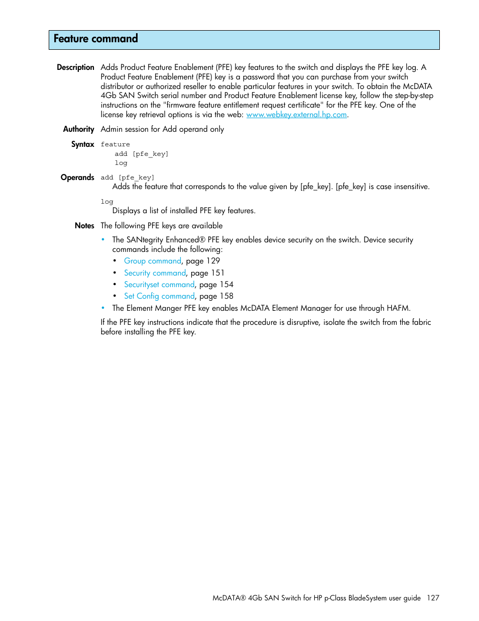 Feature command | HP M-series HA-Fabric Manager Software User Manual | Page 127 / 226