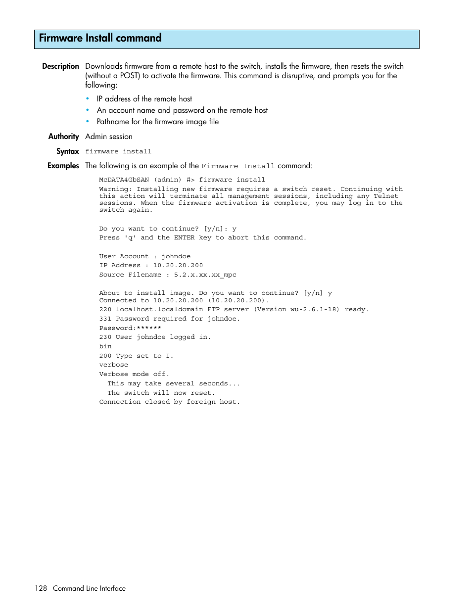 Firmware install command | HP M-series HA-Fabric Manager Software User Manual | Page 128 / 226