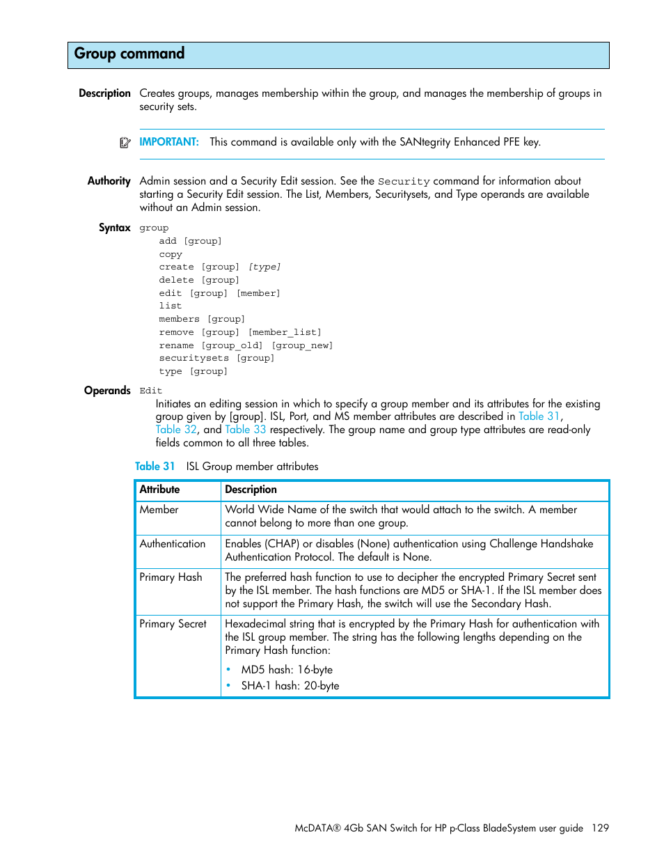 Group command | HP M-series HA-Fabric Manager Software User Manual | Page 129 / 226