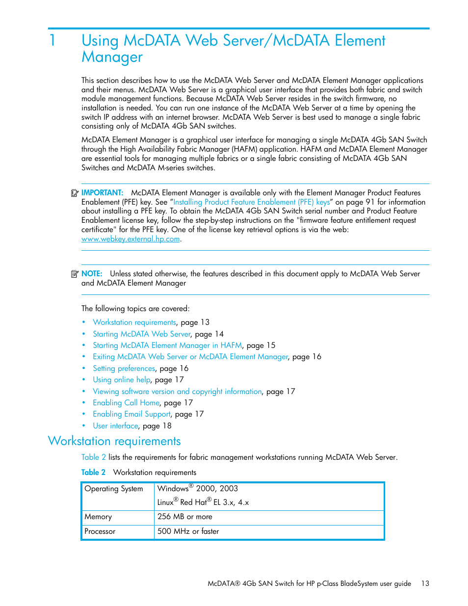 Using mcdata web server/mcdata element manager, Workstation requirements, Table 2 workstation requirements | 1 using mcdata web server/mcdata element manager, 2 workstation requirements, 1using mcdata web server/mcdata element manager | HP M-series HA-Fabric Manager Software User Manual | Page 13 / 226