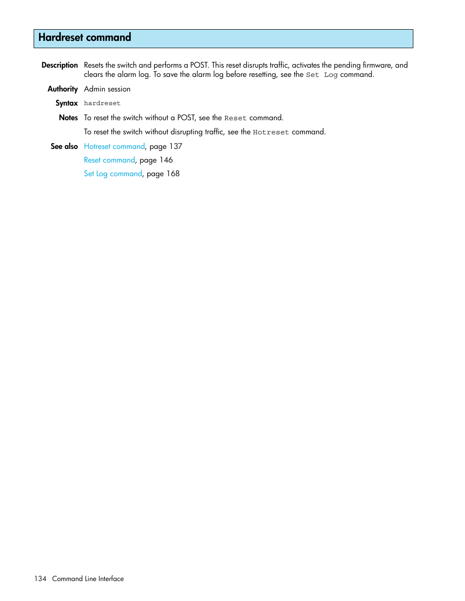 Hardreset command | HP M-series HA-Fabric Manager Software User Manual | Page 134 / 226