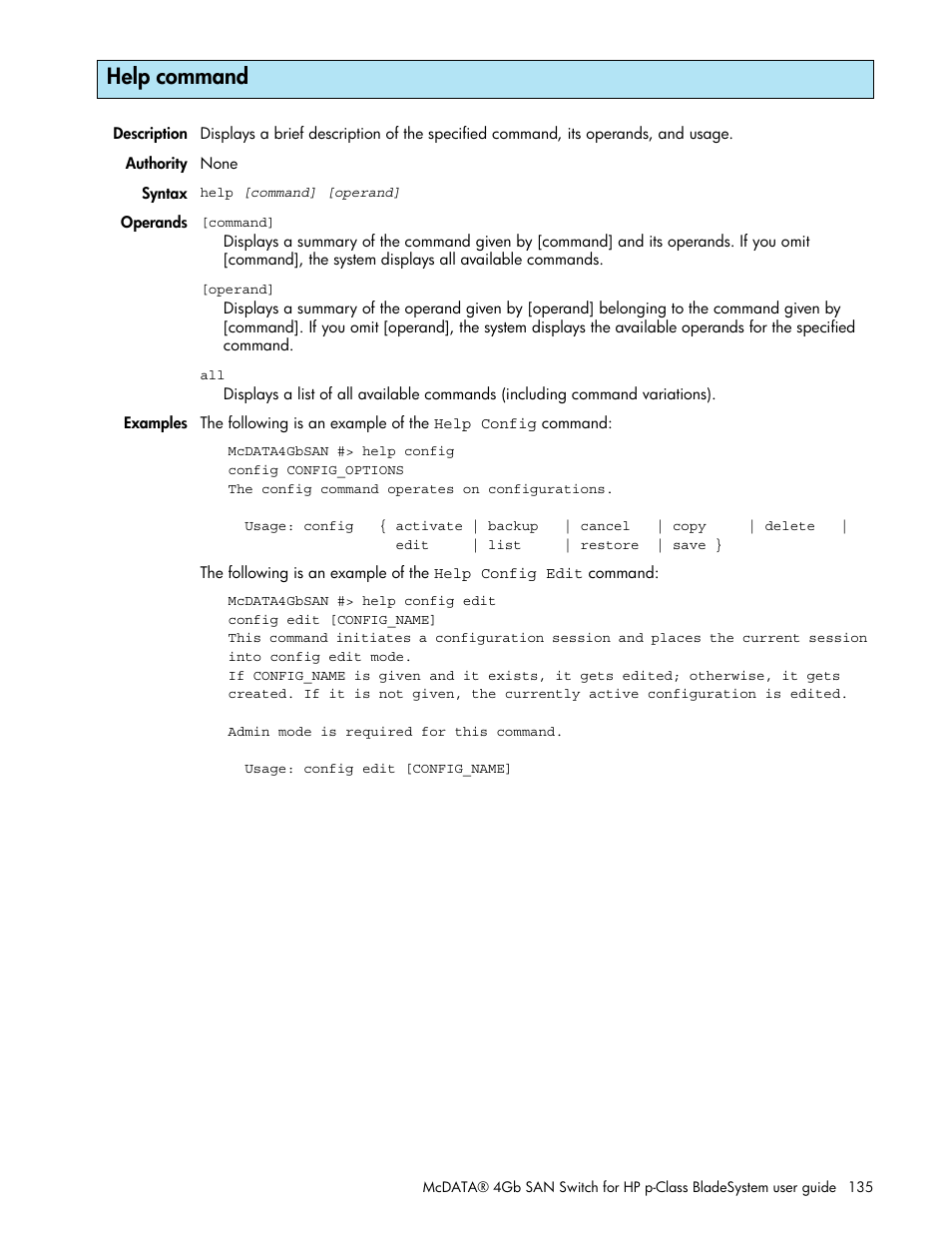 Help command | HP M-series HA-Fabric Manager Software User Manual | Page 135 / 226