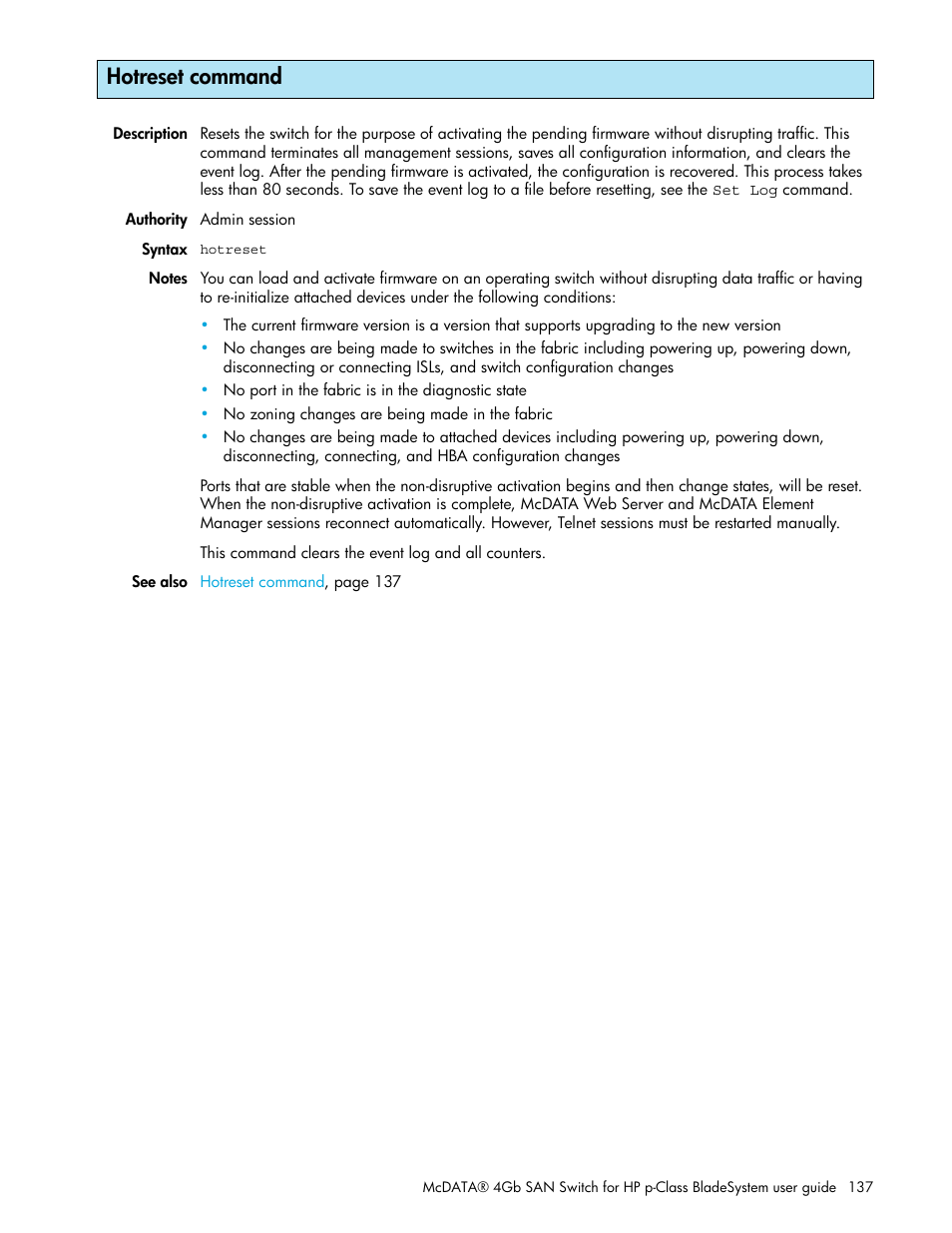 Hotreset command | HP M-series HA-Fabric Manager Software User Manual | Page 137 / 226