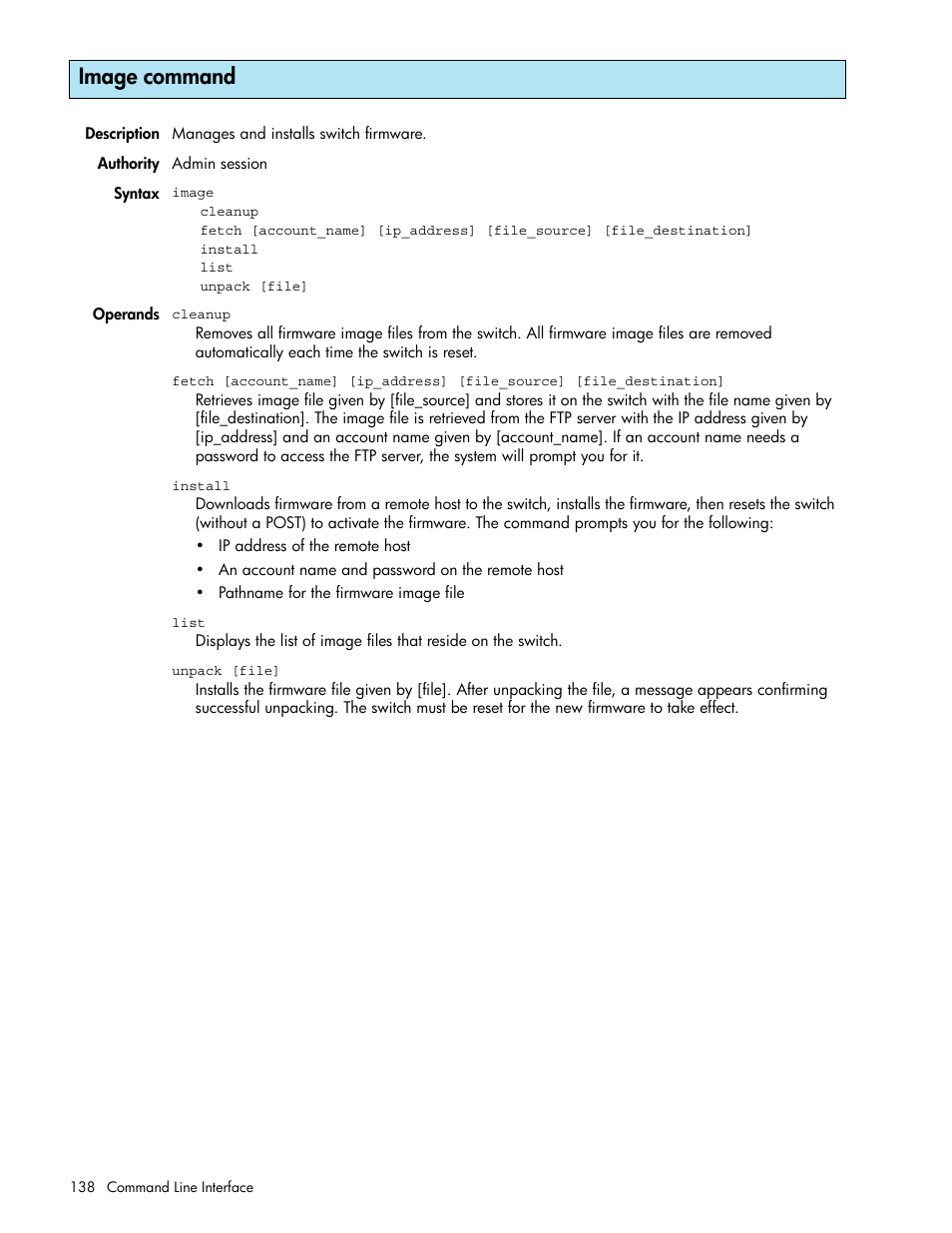 Image command | HP M-series HA-Fabric Manager Software User Manual | Page 138 / 226