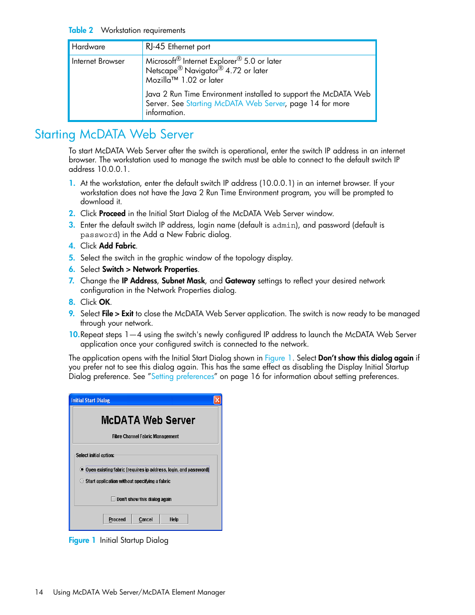 Starting mcdata web server, Figure 1 initial startup dialog, 1 initial startup dialog | HP M-series HA-Fabric Manager Software User Manual | Page 14 / 226