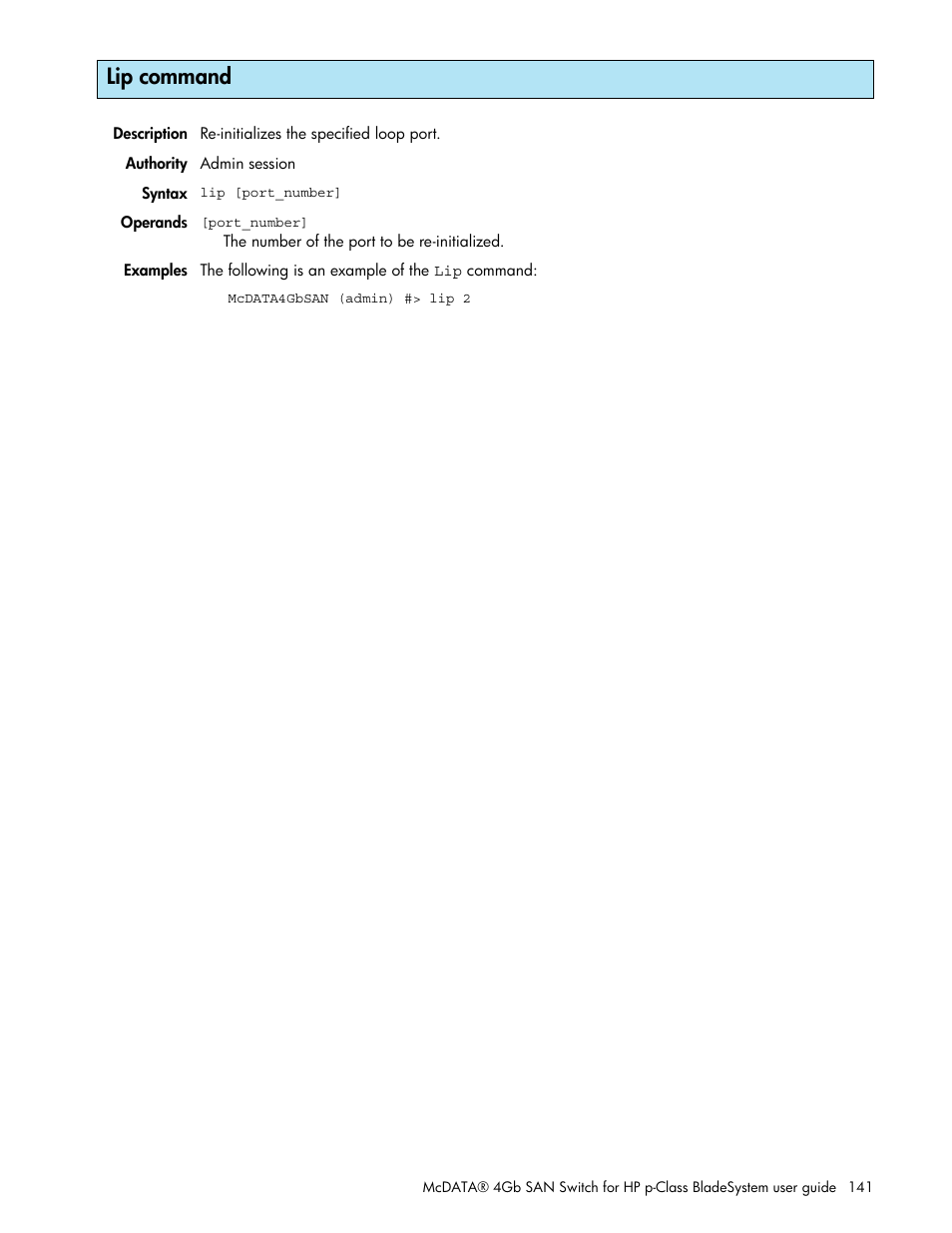Lip command | HP M-series HA-Fabric Manager Software User Manual | Page 141 / 226
