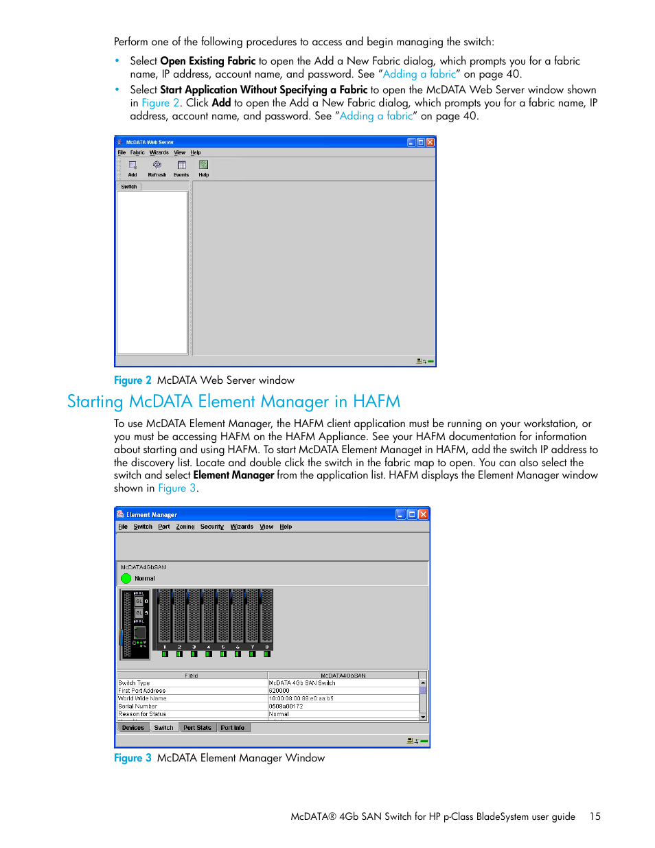 Figure 2 mcdata web server window, Starting mcdata element manager in hafm, Figure 3 mcdata element manager window | HP M-series HA-Fabric Manager Software User Manual | Page 15 / 226