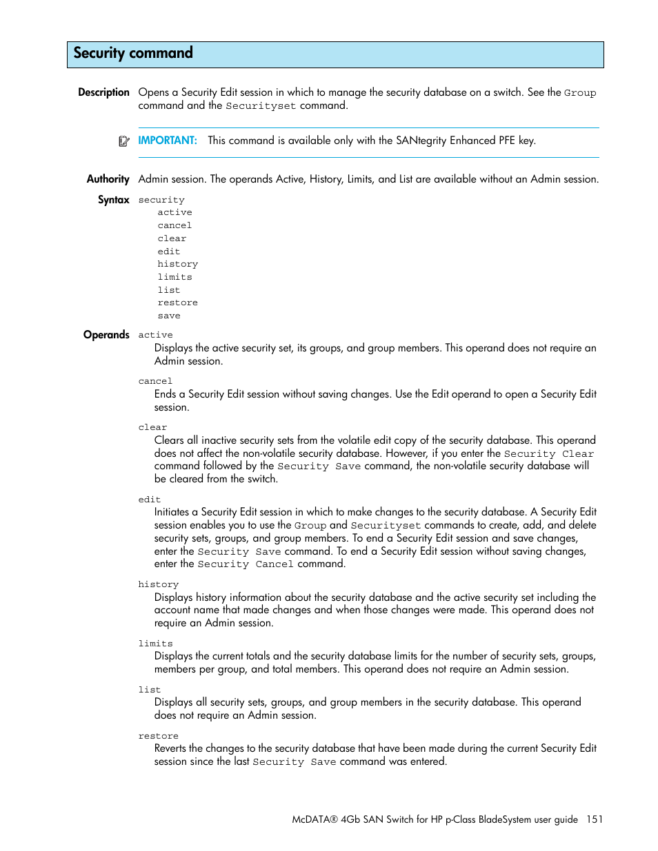 Security command | HP M-series HA-Fabric Manager Software User Manual | Page 151 / 226