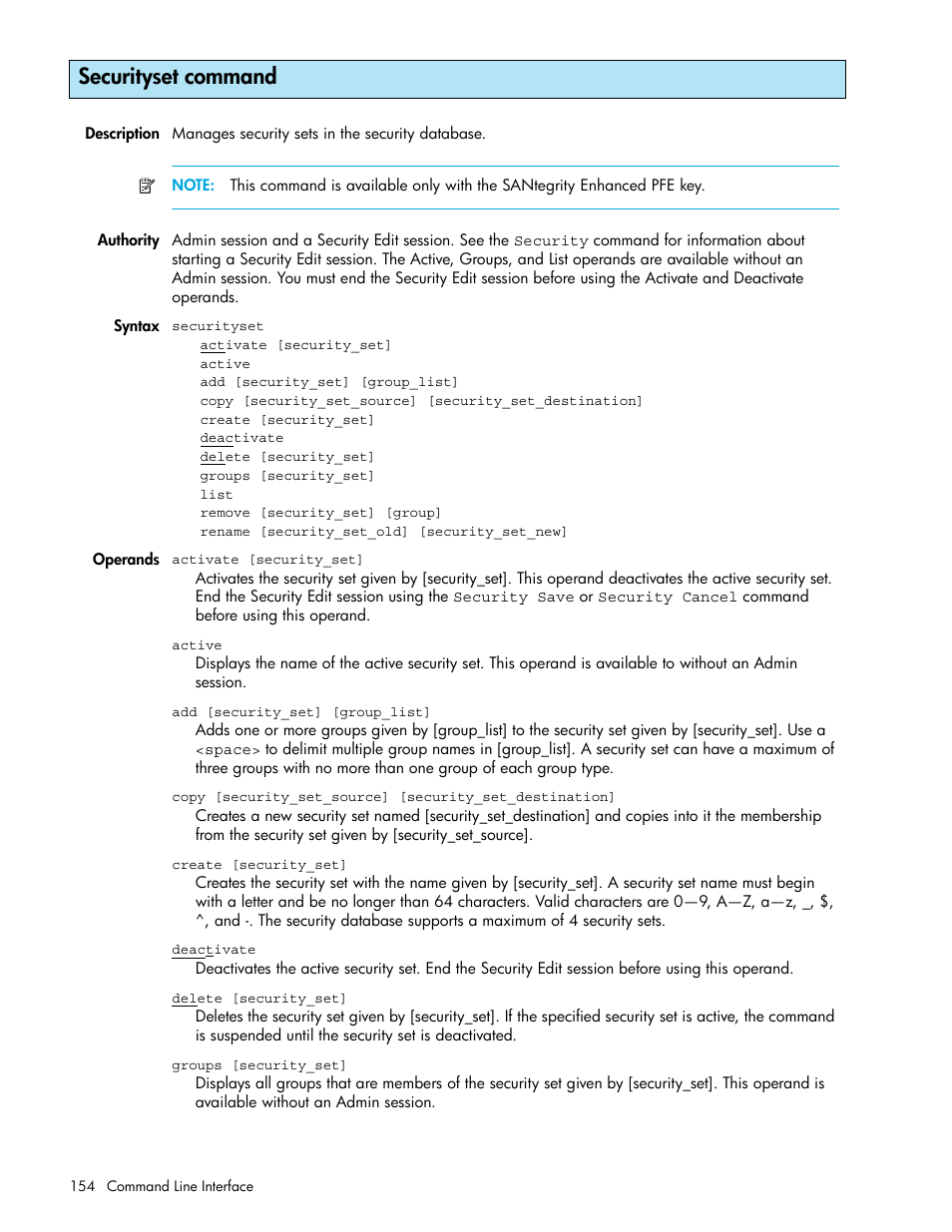 Securityset command | HP M-series HA-Fabric Manager Software User Manual | Page 154 / 226