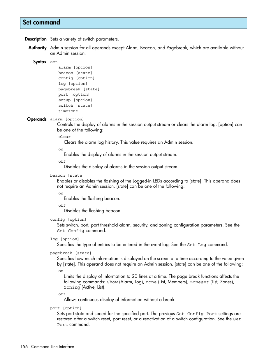 Set command, E the | HP M-series HA-Fabric Manager Software User Manual | Page 156 / 226