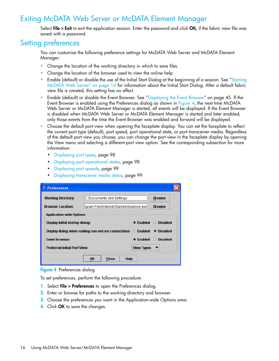 Setting preferences, Figure 4 preferences dialog, 4 preferences dialog | HP M-series HA-Fabric Manager Software User Manual | Page 16 / 226