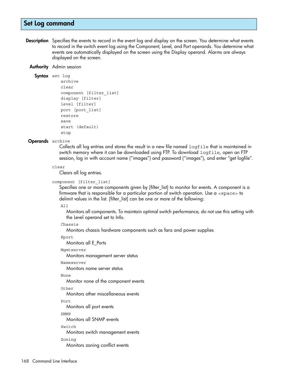 Set log command | HP M-series HA-Fabric Manager Software User Manual | Page 168 / 226