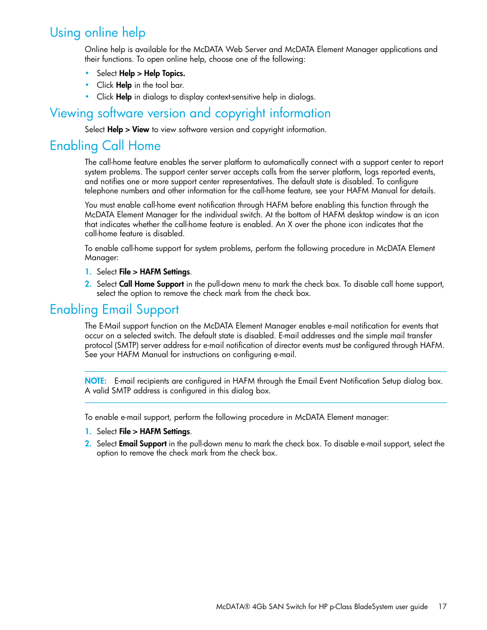 Using online help, Viewing software version and copyright information, Enabling call home | Enabling email support | HP M-series HA-Fabric Manager Software User Manual | Page 17 / 226