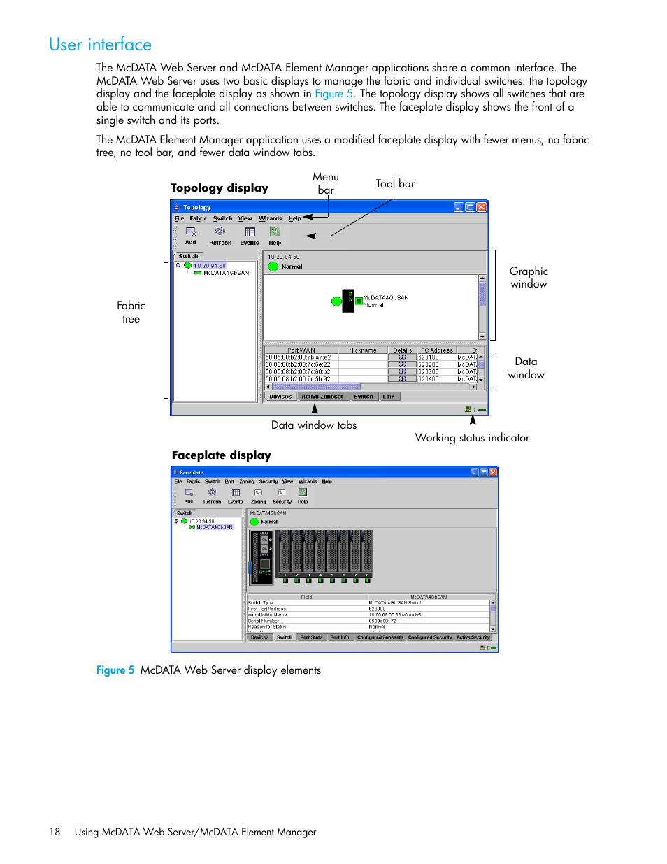 User interface, Figure 5 mcdata web server display elements, 5 mcdata web server display elements | HP M-series HA-Fabric Manager Software User Manual | Page 18 / 226