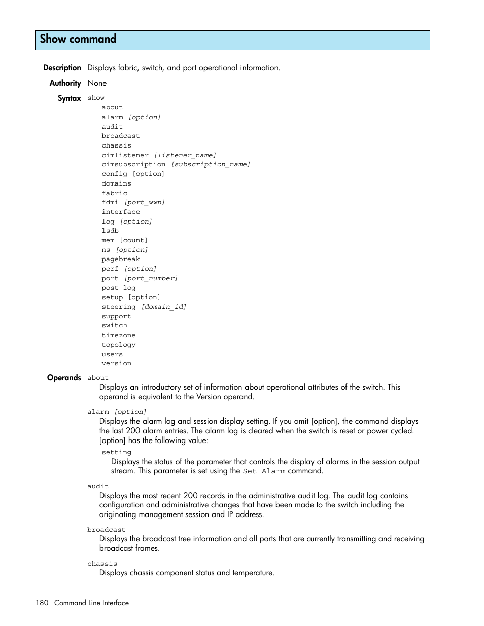 Show command | HP M-series HA-Fabric Manager Software User Manual | Page 180 / 226