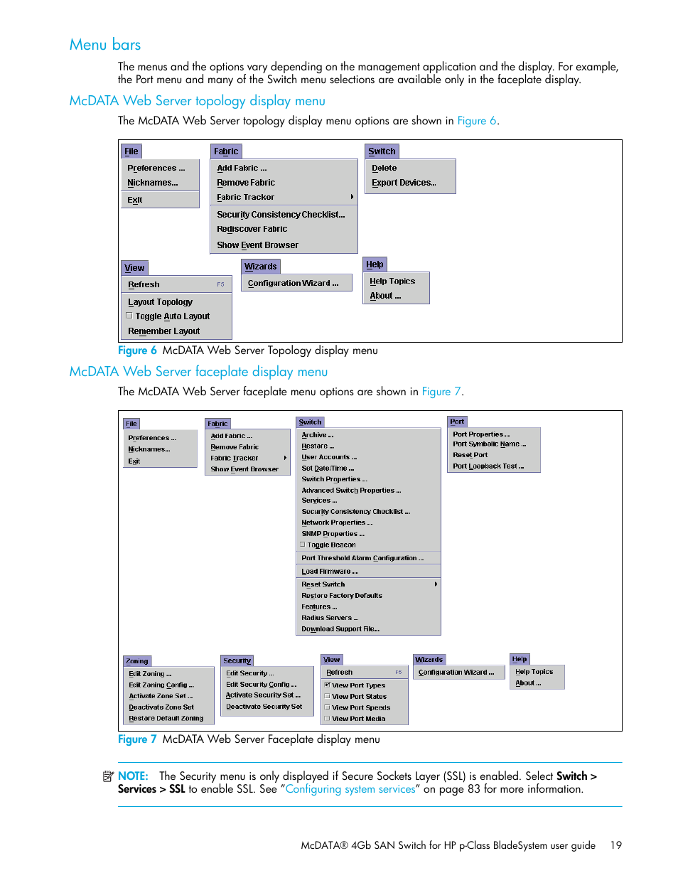 Menu bars, Mcdata web server topology display menu, Figure 6 mcdata web server topology display menu | Mcdata web server faceplate display menu, Figure 7 mcdata web server faceplate display menu | HP M-series HA-Fabric Manager Software User Manual | Page 19 / 226