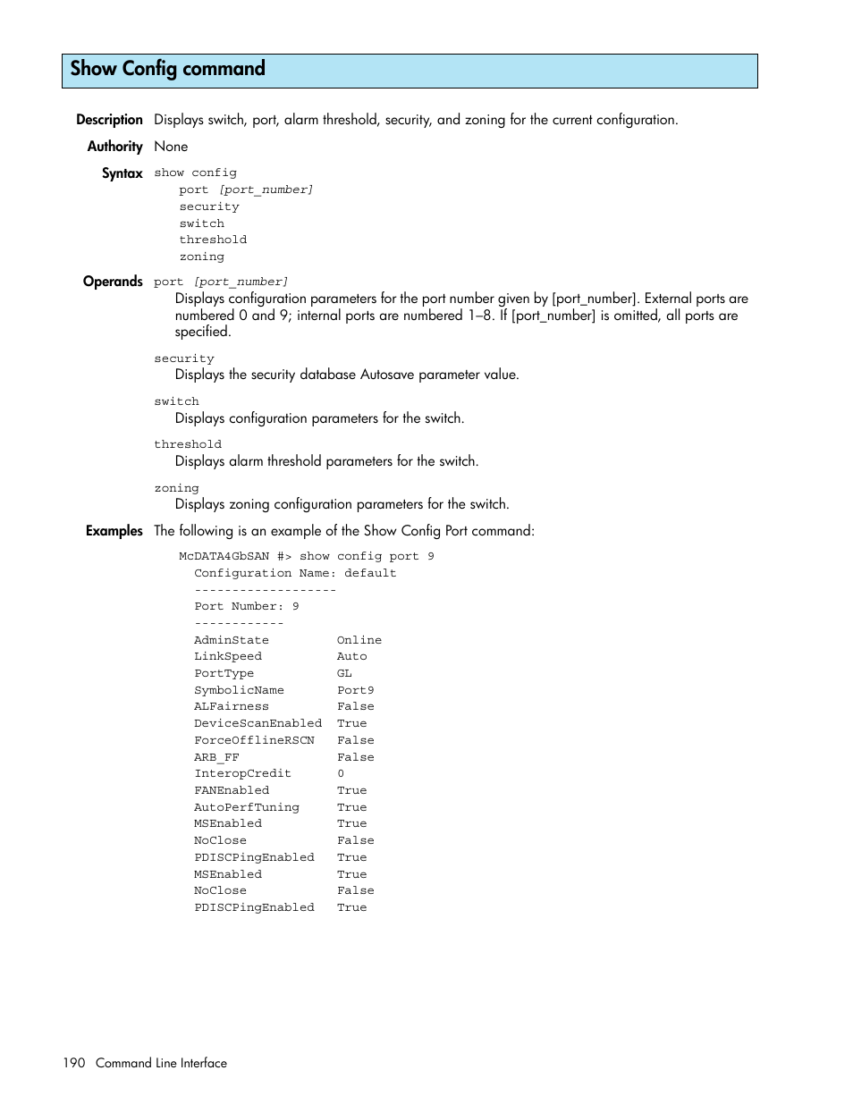 Show config command | HP M-series HA-Fabric Manager Software User Manual | Page 190 / 226