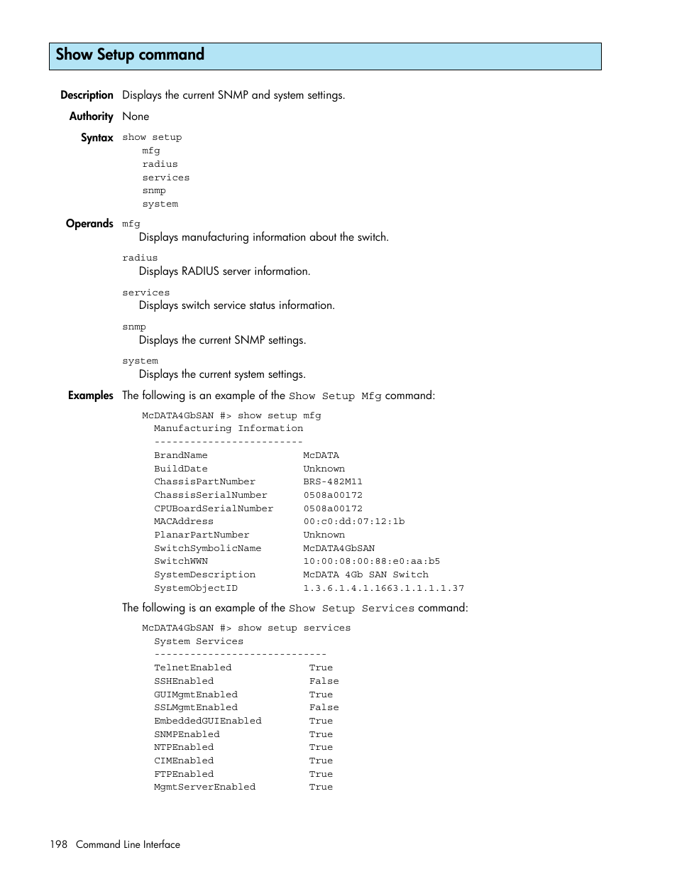 Show setup command | HP M-series HA-Fabric Manager Software User Manual | Page 198 / 226