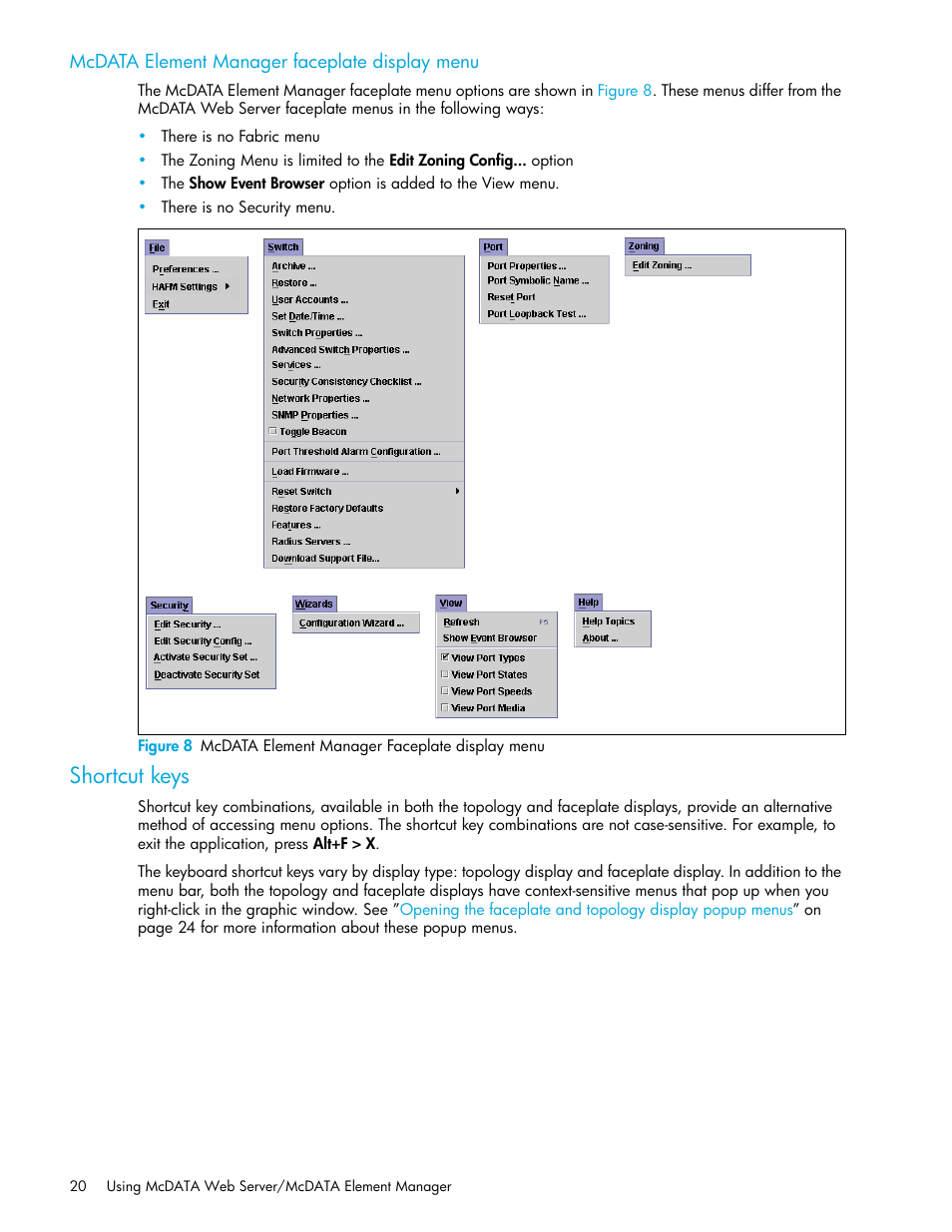 Mcdata element manager faceplate display menu, Shortcut keys, 8 mcdata element manager faceplate display menu | HP M-series HA-Fabric Manager Software User Manual | Page 20 / 226