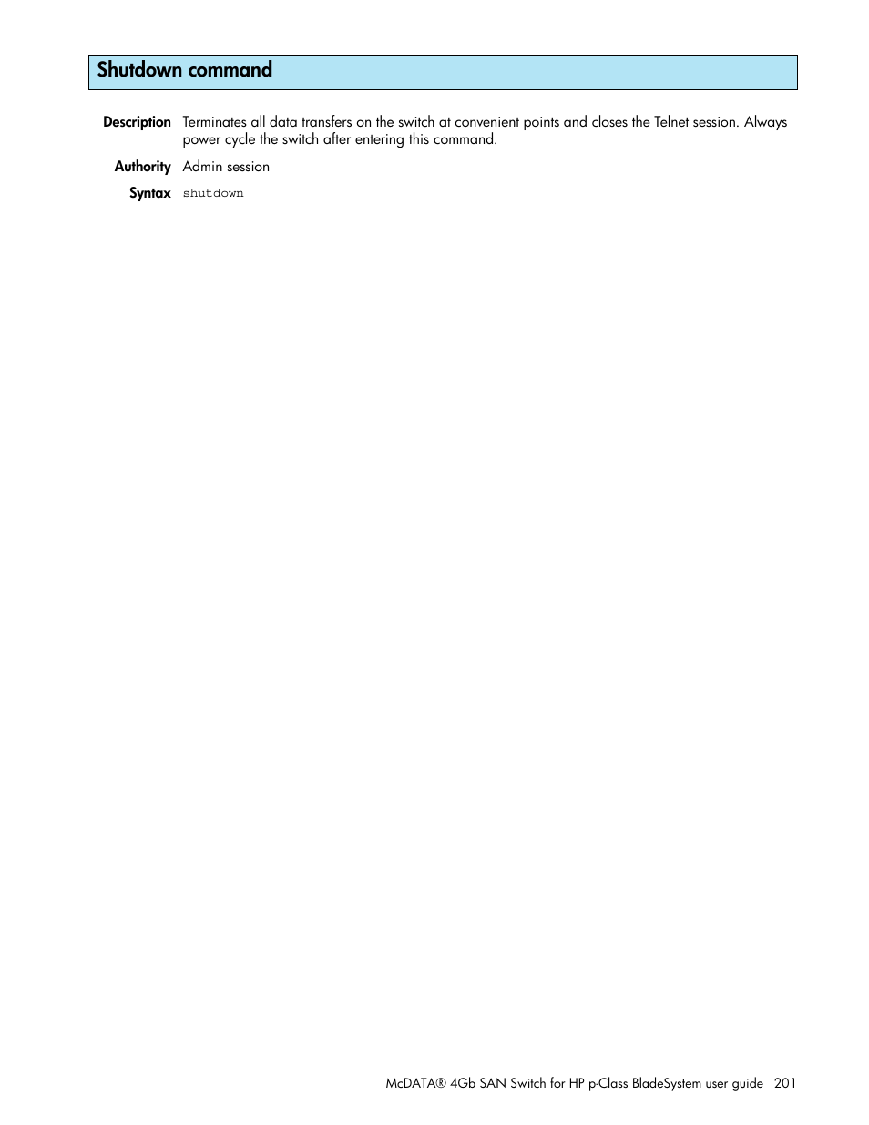 Shutdown command | HP M-series HA-Fabric Manager Software User Manual | Page 201 / 226