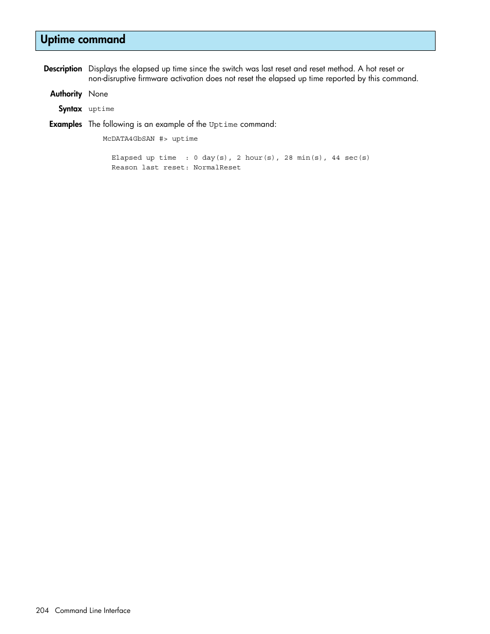 Uptime command | HP M-series HA-Fabric Manager Software User Manual | Page 204 / 226