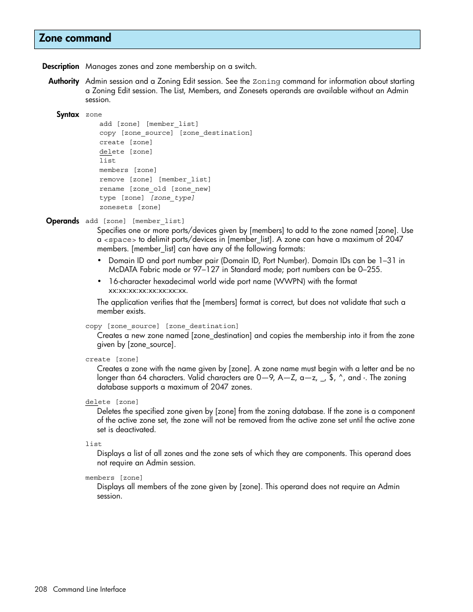 Zone command | HP M-series HA-Fabric Manager Software User Manual | Page 208 / 226