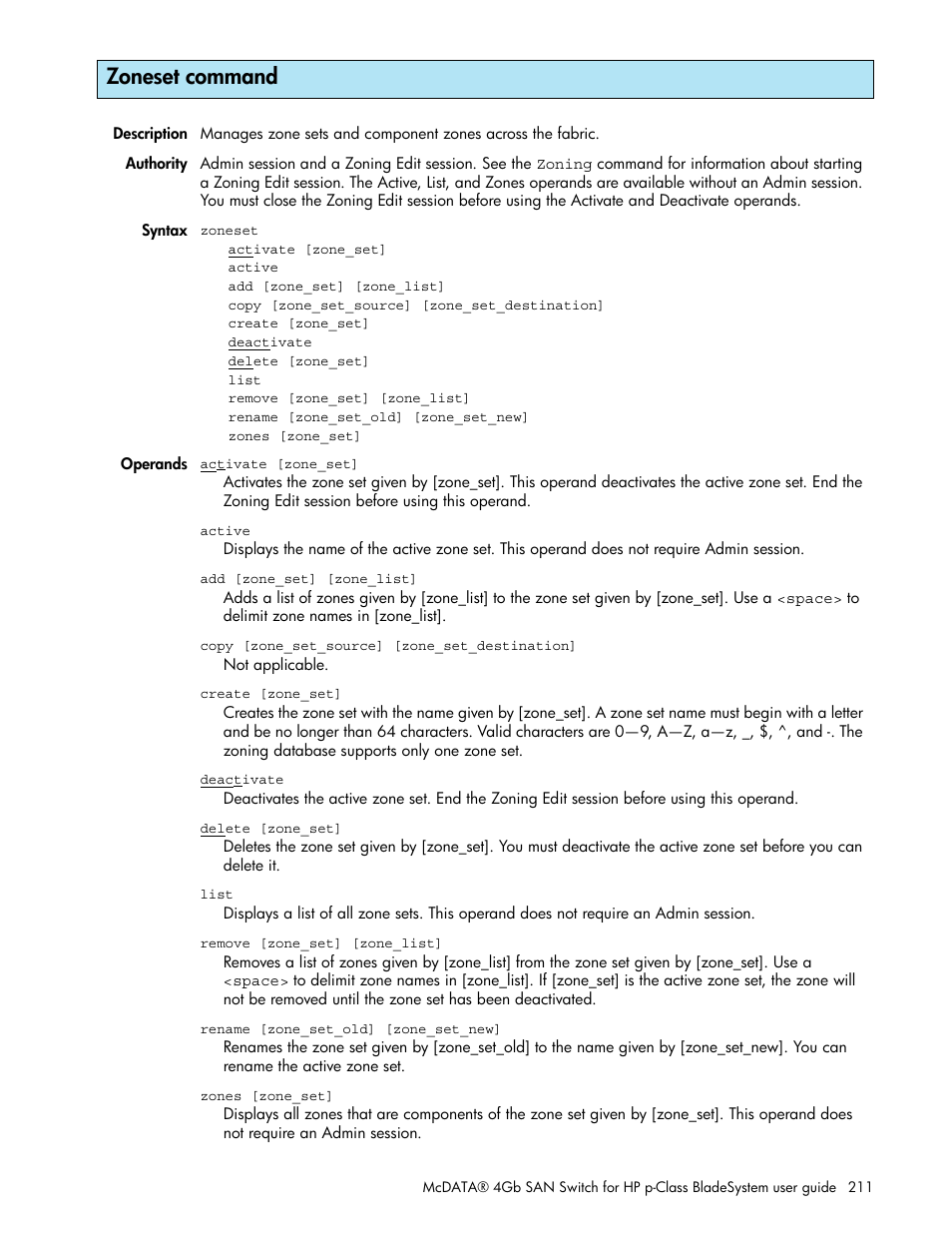 Zoneset command | HP M-series HA-Fabric Manager Software User Manual | Page 211 / 226