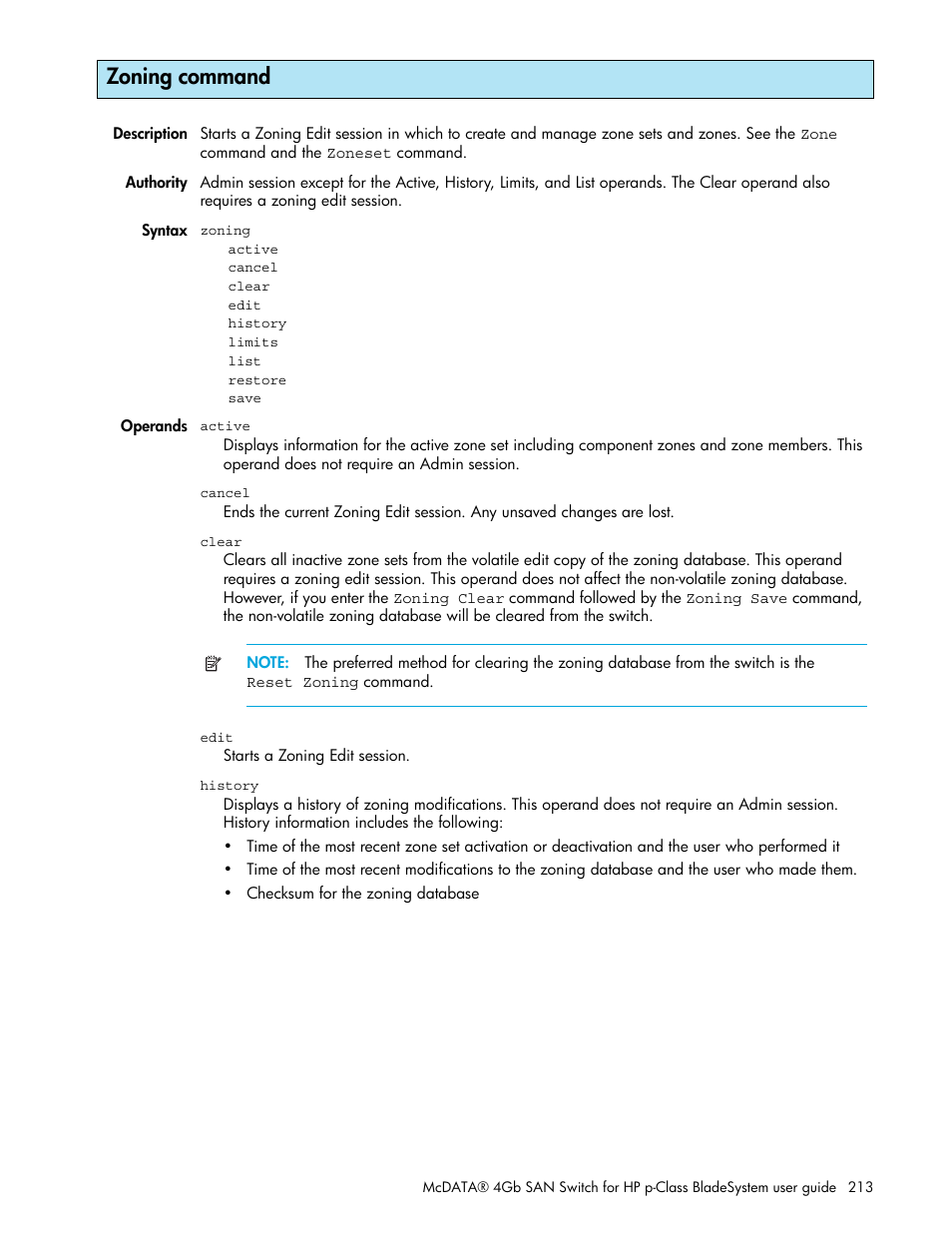 Zoning command | HP M-series HA-Fabric Manager Software User Manual | Page 213 / 226