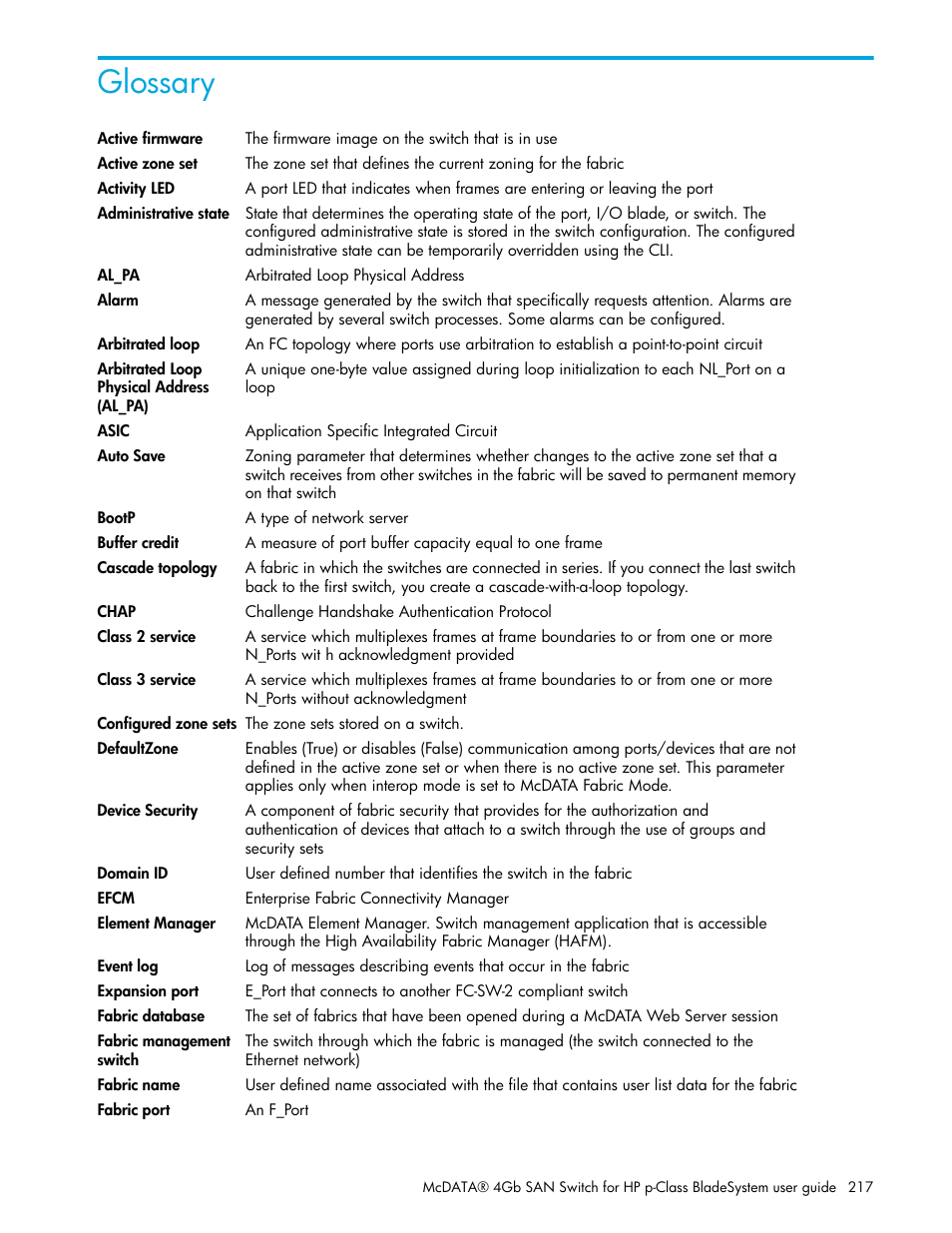 Glossary | HP M-series HA-Fabric Manager Software User Manual | Page 217 / 226