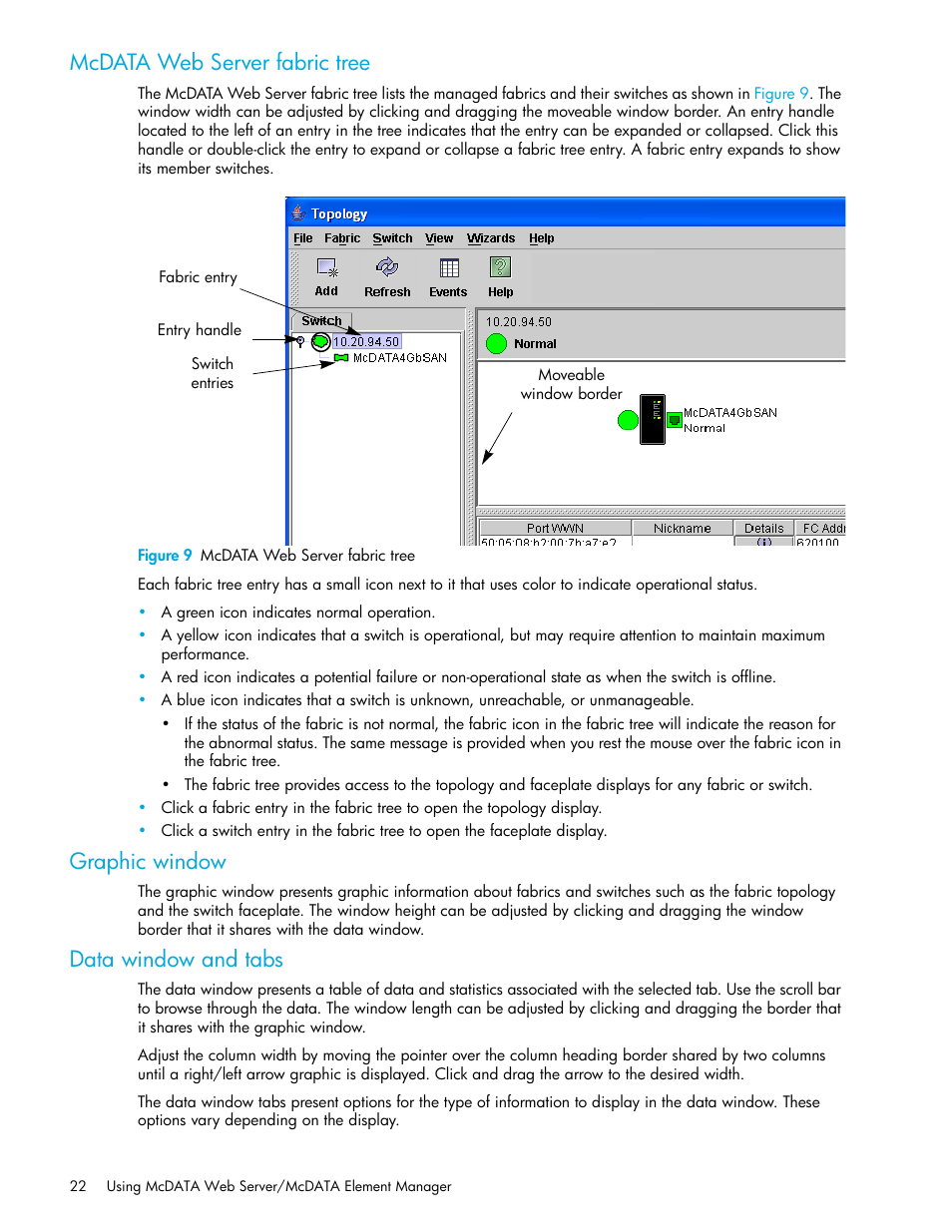 Mcdata web server fabric tree, Figure 9 mcdata web server fabric tree, Graphic window | Data window and tabs, 9 mcdata web server fabric tree | HP M-series HA-Fabric Manager Software User Manual | Page 22 / 226