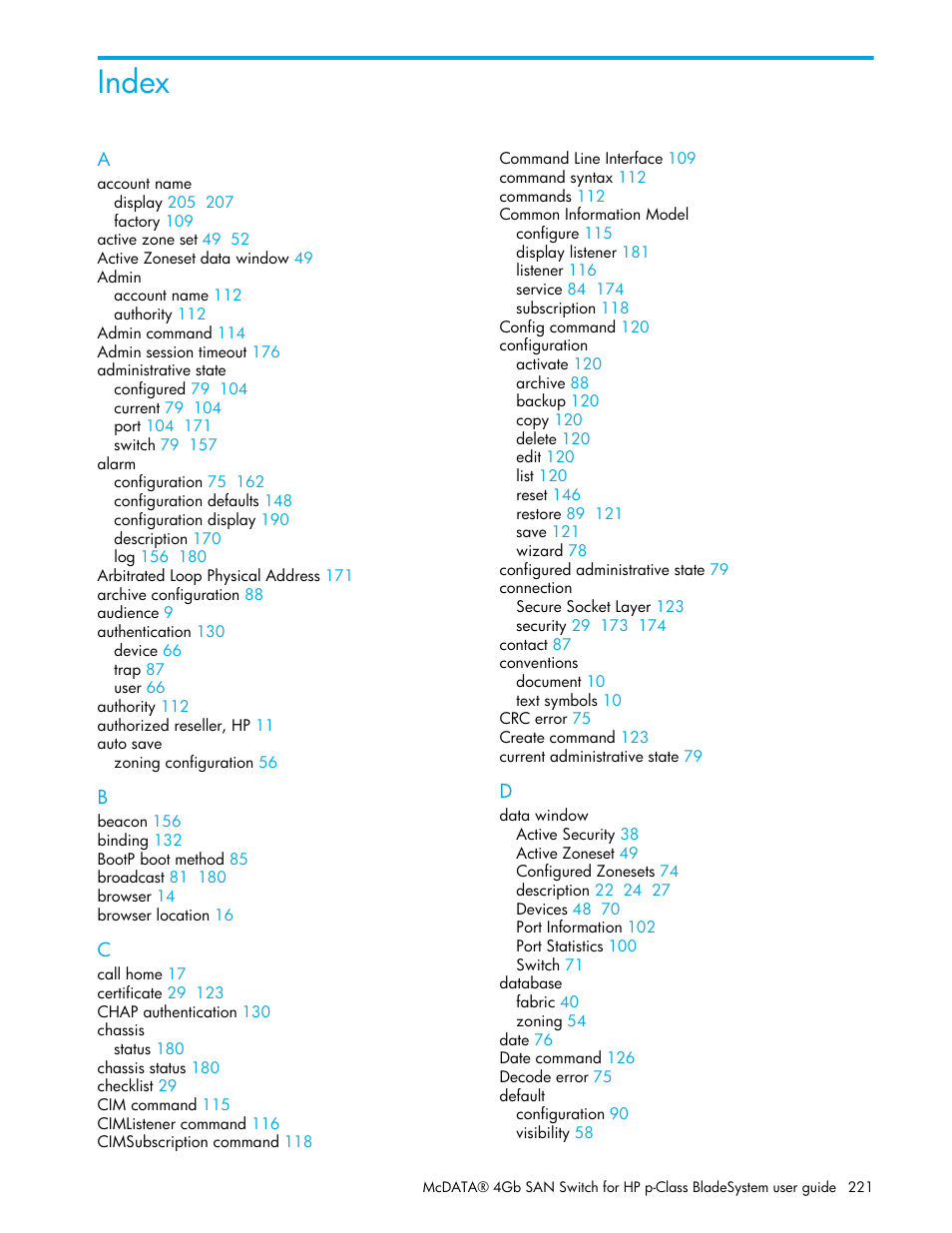 Index | HP M-series HA-Fabric Manager Software User Manual | Page 221 / 226