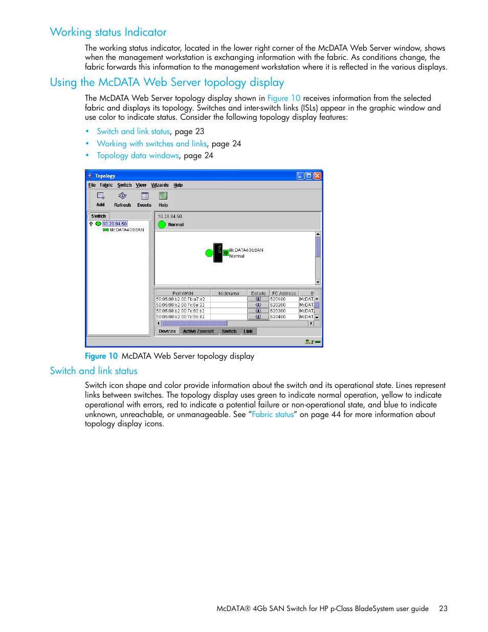 Working status indicator, Using the mcdata web server topology display, Figure 10 mcdata web server topology display | Switch and link status, 10 mcdata web server topology display | HP M-series HA-Fabric Manager Software User Manual | Page 23 / 226