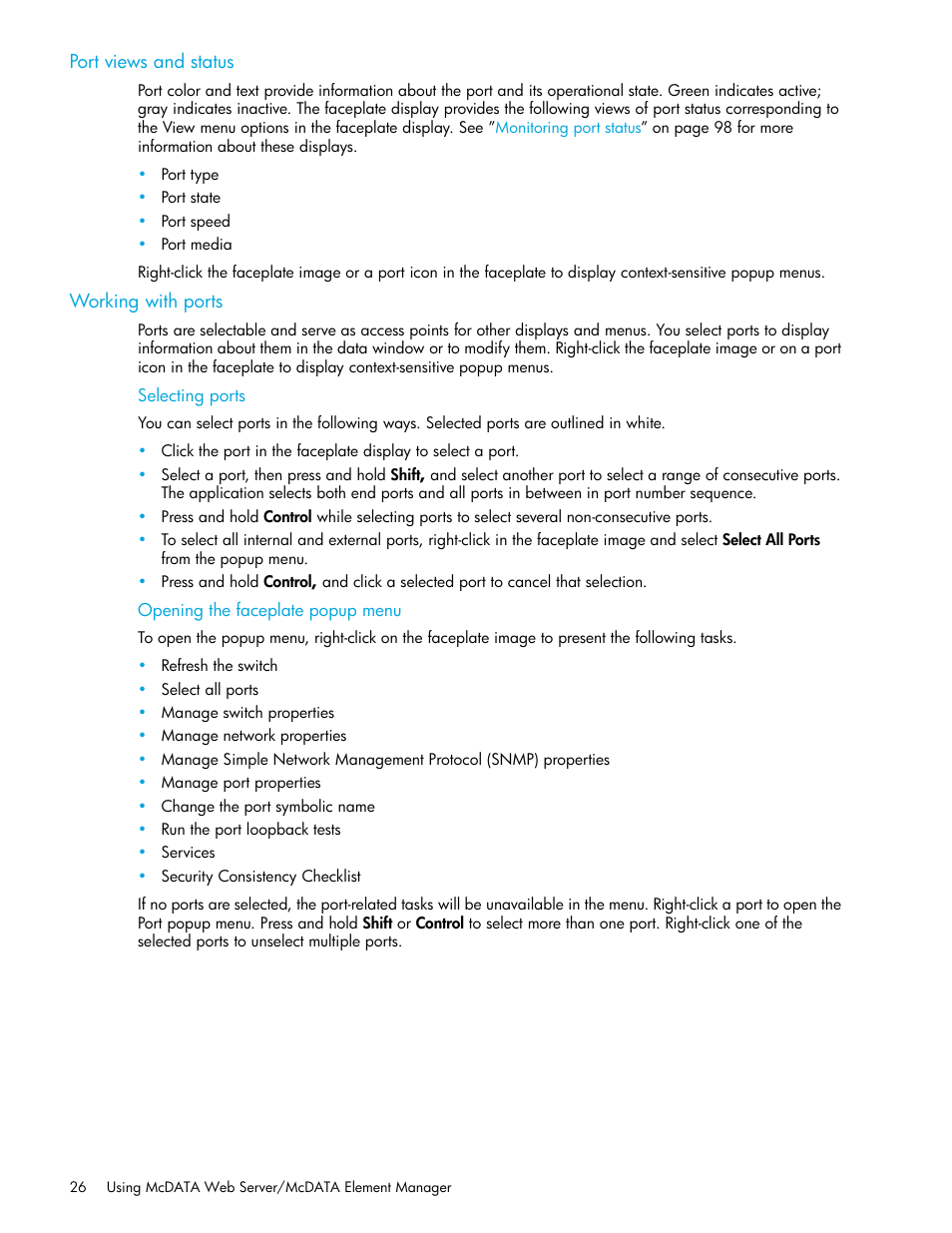 Port views and status, Working with ports, Selecting ports | Opening the faceplate popup menu, Port views and status working with ports, Selecting ports opening the faceplate popup menu | HP M-series HA-Fabric Manager Software User Manual | Page 26 / 226