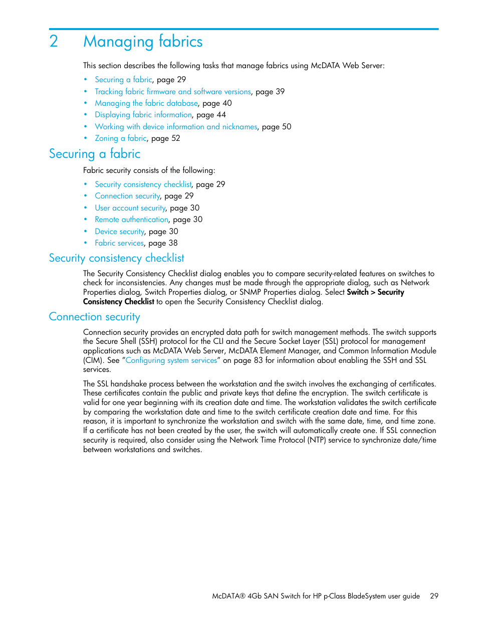 Managing fabrics, Securing a fabric, Security consistency checklist | Connection security, 2 managing fabrics, Security consistency checklist connection security, 2managing fabrics | HP M-series HA-Fabric Manager Software User Manual | Page 29 / 226