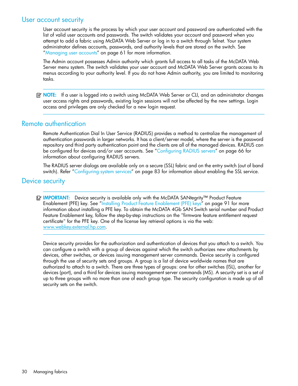 User account security, Remote authentication, Device security | HP M-series HA-Fabric Manager Software User Manual | Page 30 / 226