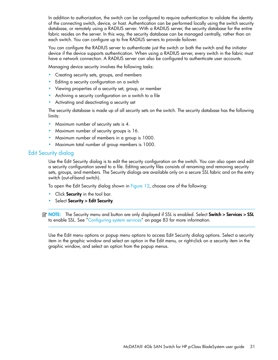 Edit security dialog | HP M-series HA-Fabric Manager Software User Manual | Page 31 / 226