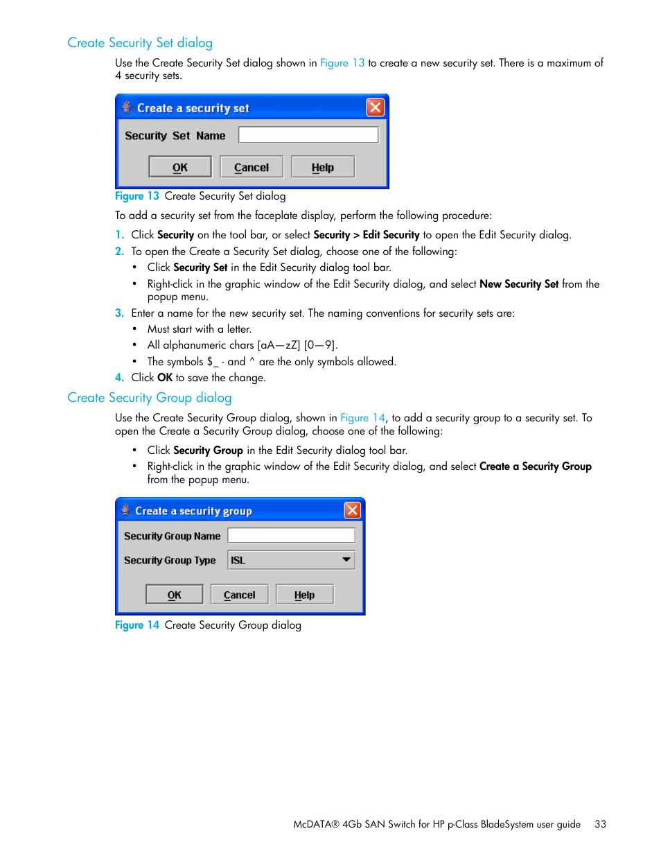 Create security set dialog, Figure 13 create security set dialog, Create security group dialog | Figure 14 create security group dialog | HP M-series HA-Fabric Manager Software User Manual | Page 33 / 226