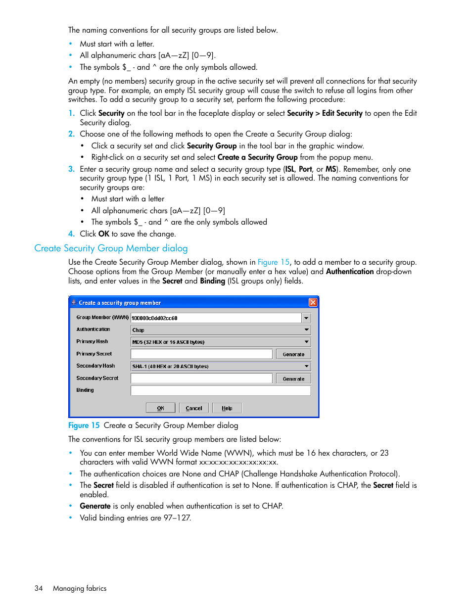 Create security group member dialog, Figure 15 create a security group member dialog, 15 create a security group member dialog | HP M-series HA-Fabric Manager Software User Manual | Page 34 / 226