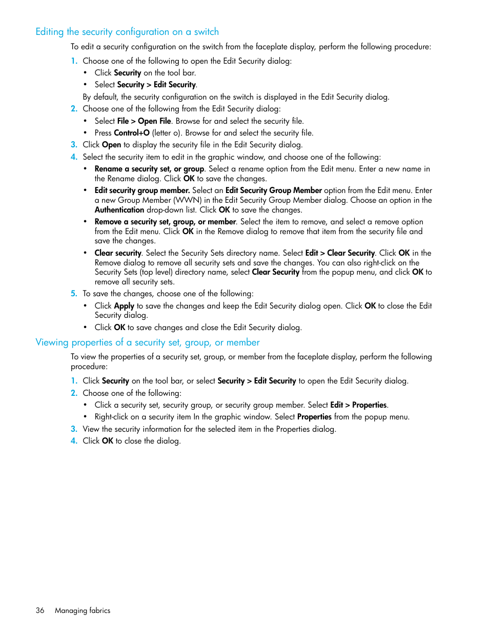 Editing the security configuration on a switch | HP M-series HA-Fabric Manager Software User Manual | Page 36 / 226