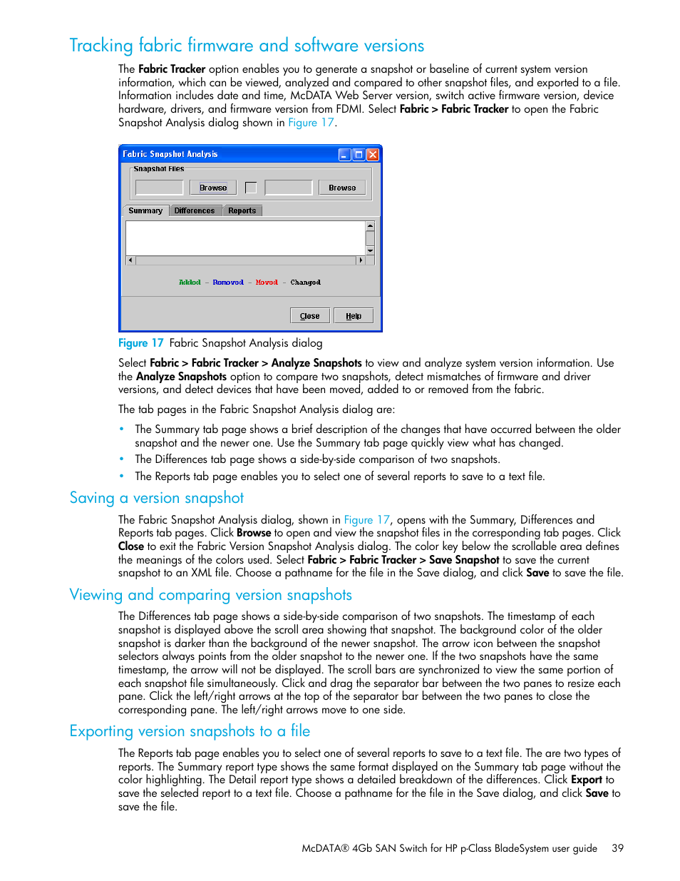 Tracking fabric firmware and software versions, Figure 17 fabric snapshot analysis dialog, Saving a version snapshot | Viewing and comparing version snapshots, Exporting version snapshots to a file, 17 fabric snapshot analysis dialog | HP M-series HA-Fabric Manager Software User Manual | Page 39 / 226