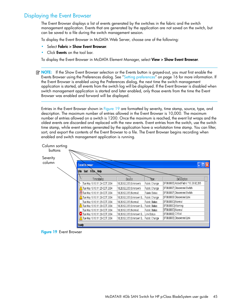 Displaying the event browser, Figure 19 event browser, 19 event browser | HP M-series HA-Fabric Manager Software User Manual | Page 45 / 226