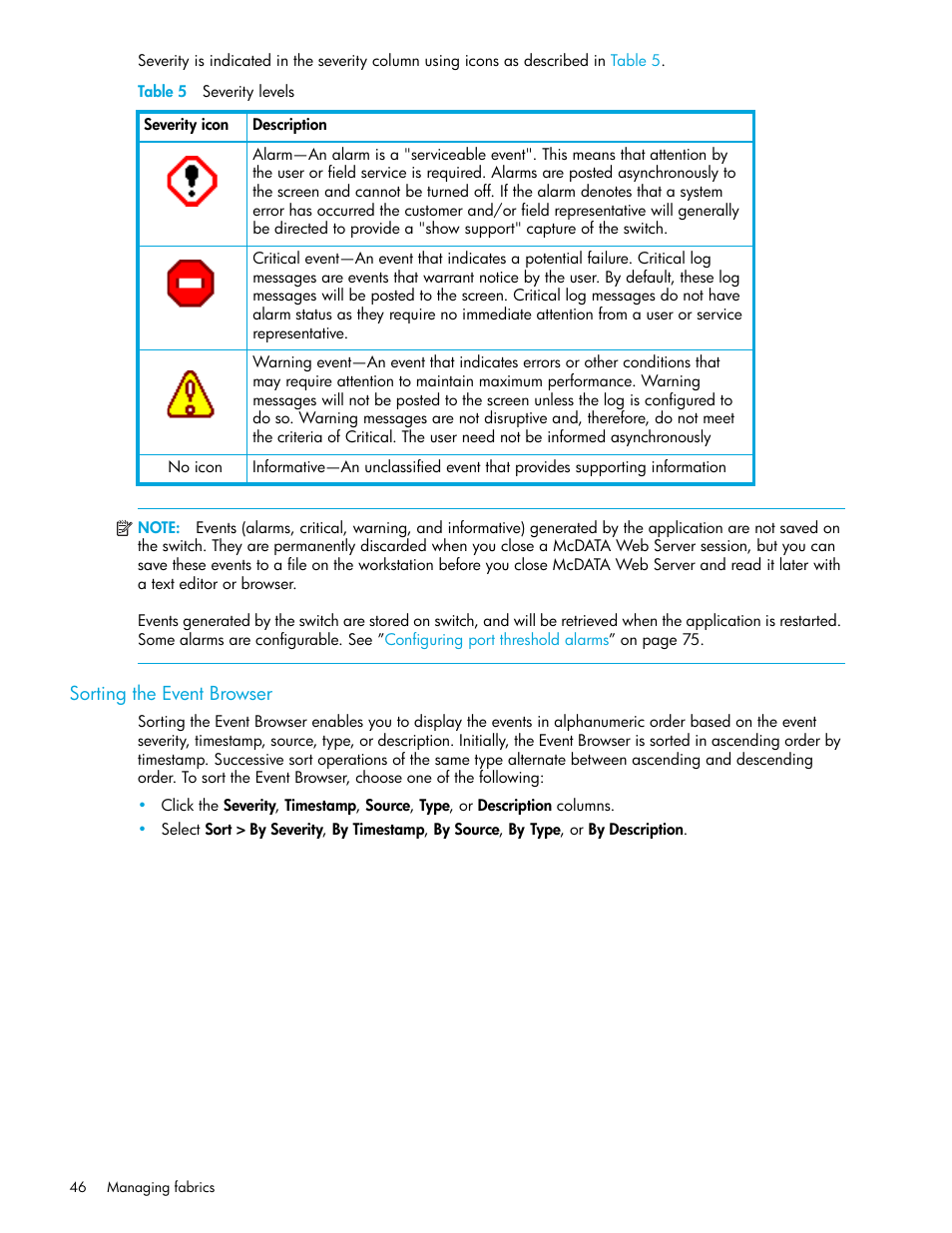 Table 5 severity levels, Sorting the event browser, 5 severity levels | HP M-series HA-Fabric Manager Software User Manual | Page 46 / 226