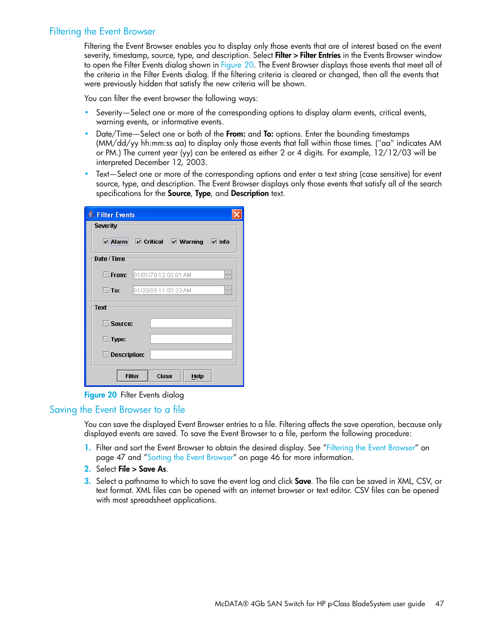 Filtering the event browser, Figure 20 filter events dialog, Saving the event browser to a file | 20 filter events dialog | HP M-series HA-Fabric Manager Software User Manual | Page 47 / 226