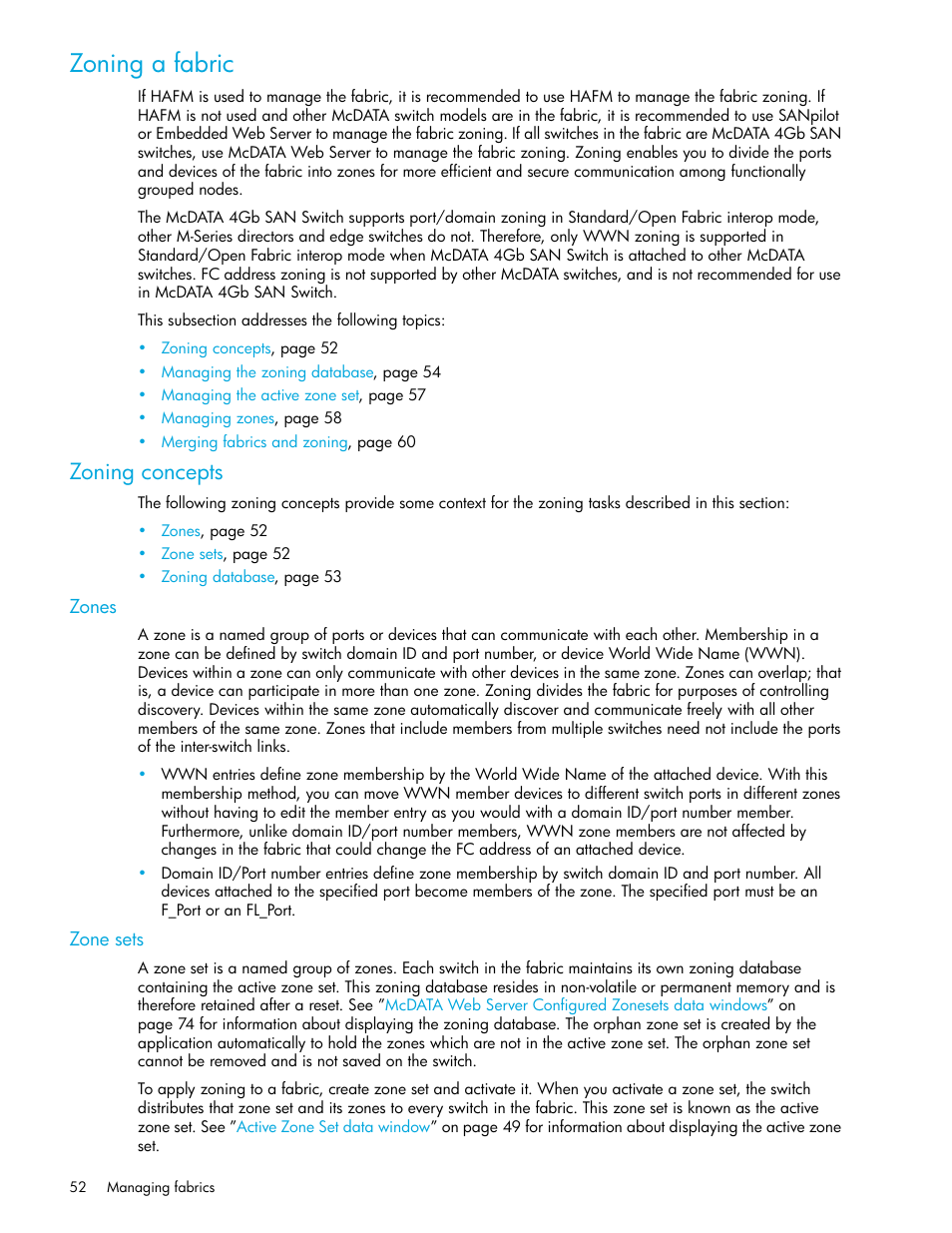 Zoning a fabric, Zoning concepts, Zones | Zone sets, Zones zone sets, Zoning, A fabric | HP M-series HA-Fabric Manager Software User Manual | Page 52 / 226