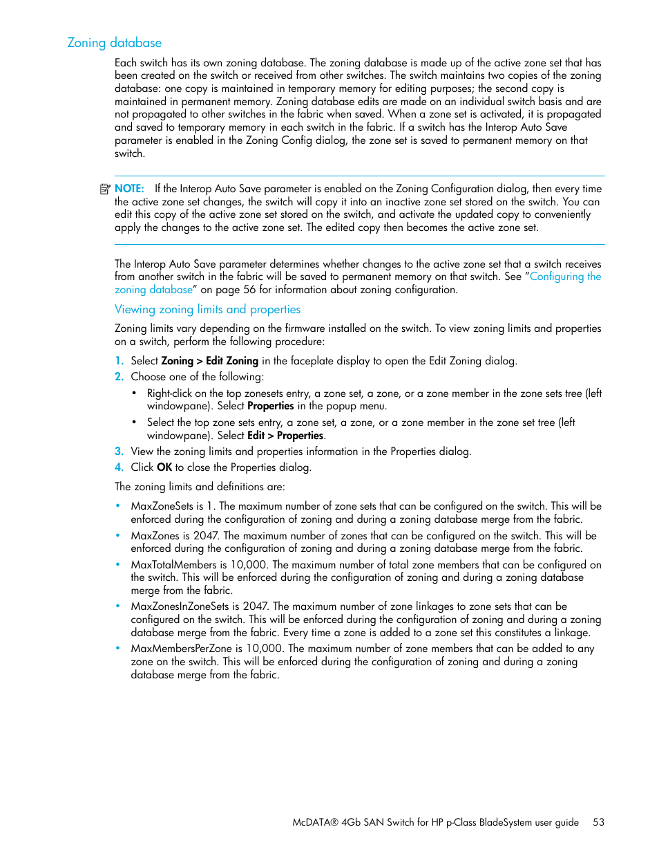 Zoning database, Viewing zoning limits and properties | HP M-series HA-Fabric Manager Software User Manual | Page 53 / 226