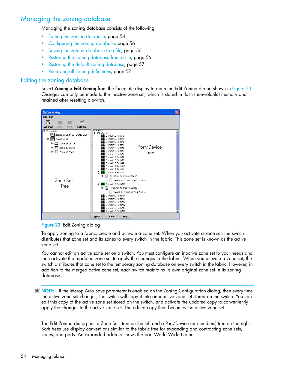 Managing the zoning database, Editing the zoning database, Figure 23 edit zoning dialog | 23 edit zoning dialog | HP M-series HA-Fabric Manager Software User Manual | Page 54 / 226