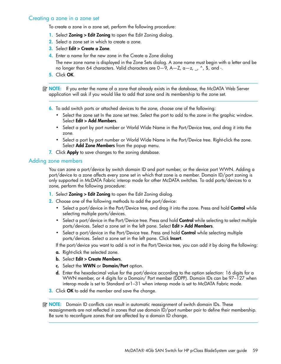 Creating a zone in a zone set, Adding zone members, Creating a zone in a zone set adding zone members | HP M-series HA-Fabric Manager Software User Manual | Page 59 / 226