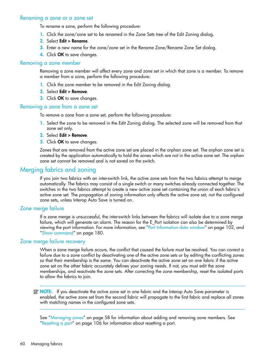 Renaming a zone or a zone set, Removing a zone member, Removing a zone from a zone set | Merging fabrics and zoning, Zone merge failure, Zone merge failure recovery, Zone merge failure zone merge failure recovery | HP M-series HA-Fabric Manager Software User Manual | Page 60 / 226