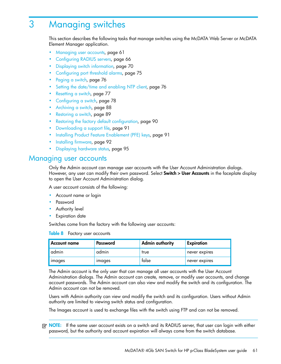 Managing switches, Managing user accounts, Table 8 factory user accounts | 3 managing switches, 8 factory user accounts, 3managing switches | HP M-series HA-Fabric Manager Software User Manual | Page 61 / 226