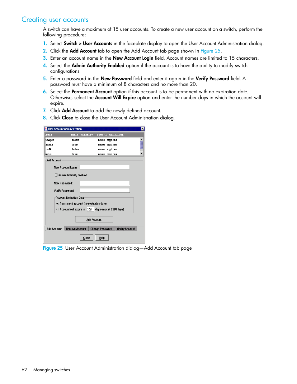 Creating user accounts | HP M-series HA-Fabric Manager Software User Manual | Page 62 / 226